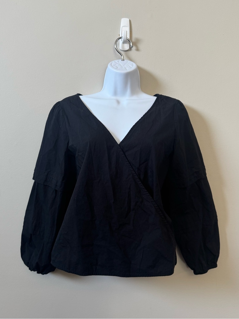 VETTA 100% Organic cotton black faux wrap long sleeve blouse